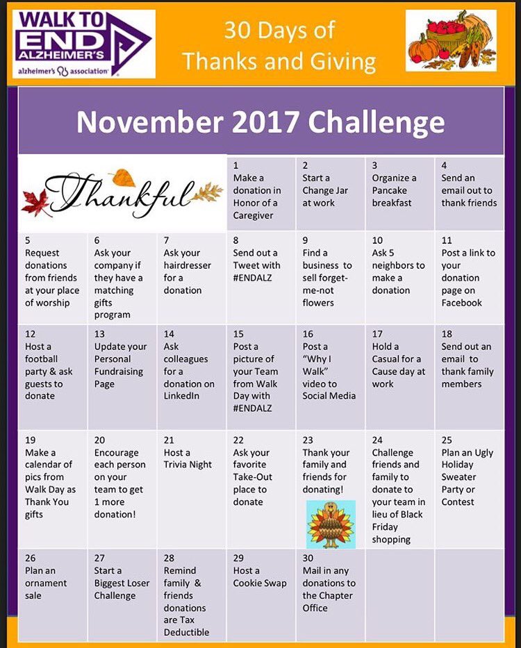 Take the 30 Days of Thanks and Giving Challenge to help #ENDALZ #walk2endalz #gopurple <a href="/AlzheimersCWVA/">Alzheimer's Assoc CWVA</a>