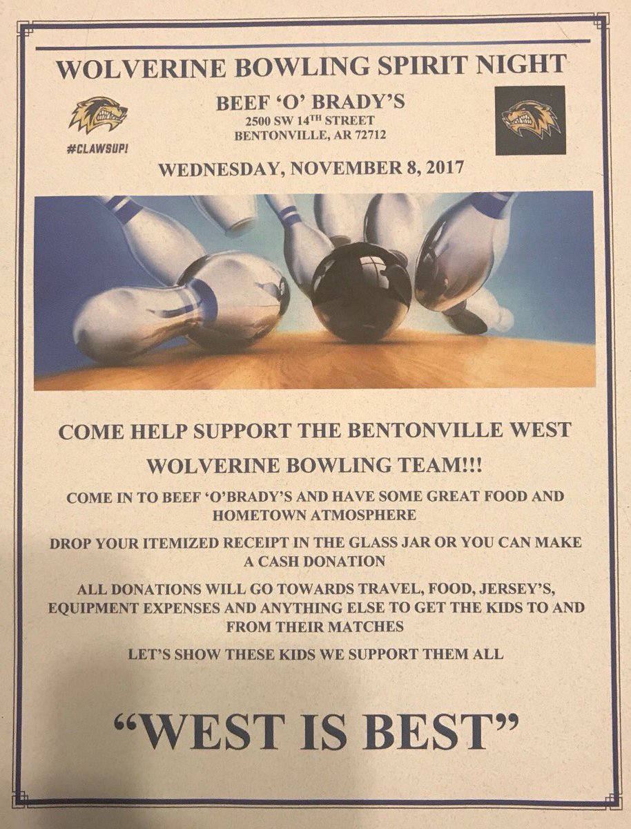 BWHS_PTO's tweet photo. Support the bowling team tonight @ Beef O Brady's!💙 https://t.co/s3KbZvCDoN