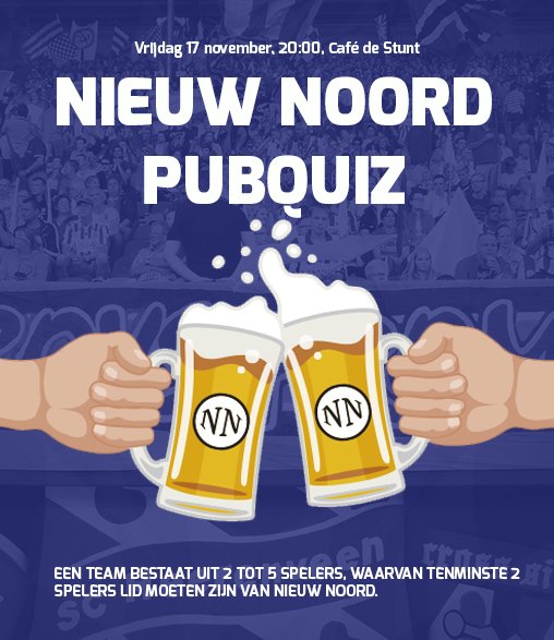 Over minder dan een week sluit de inschrijving voor de Nieuw Noord Pubquiz al! Wil je nog meedoen? Schrijf dan je team voor maar 5 euro in in onze webshop: 480000.mijnwinkel.nl/2017201804.html