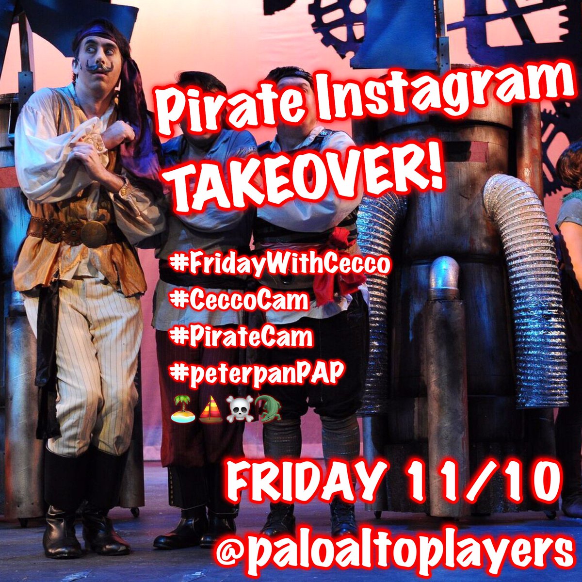 PaloAltoPlayers's tweet photo. Follow us on @instagram! THIS FRI 11/10 David Murphy (Cecco) is taking over @paloaltoplayers! #PirateCam #peterpanPAP ποΈβ΅β οΈπ https://t.co/YtyqtzARuU
