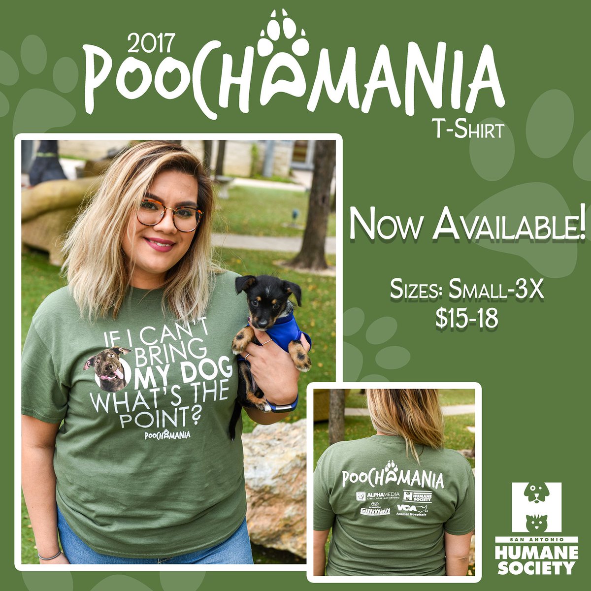 sahumane's tweet photo. Our 2017 Poochamania t-shirts are in and available in our front lobby. Come get yours today or on Saturday at @PoochamaniaSA from 11am-5pm! https://t.co/Pd2wGnDQNB