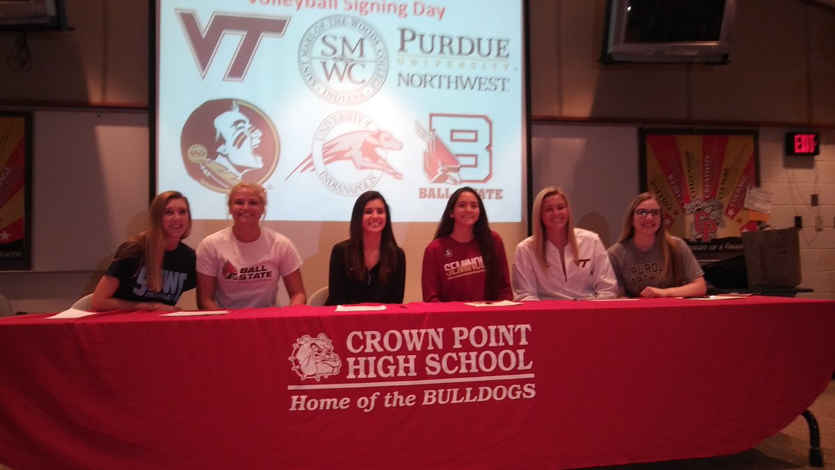 cp_volleyball's tweet photo. It was signing day at Crown Point High School! Congrats seniors! We are proud of you! @IndianaPrepVB @AVCAVolleyball @PrepVolleyball @ihsvca https://t.co/ub6Cie6a9C