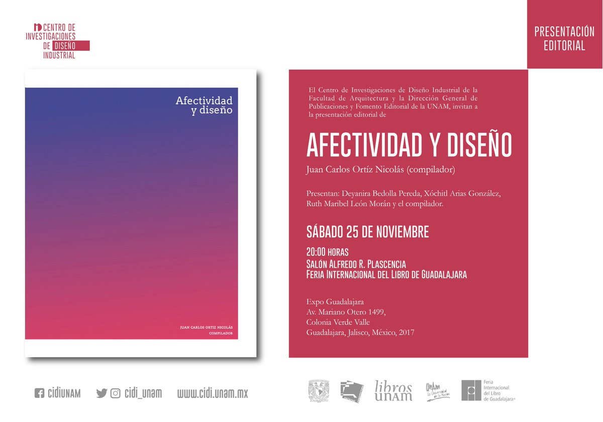 Estaremos en la <a href="/FILGuadalajara/">FIL Guadalajara</a> presentando el libro #Afectividad y #diseño publicación de <a href="/CIDI_UNAM/">Diseño Industrial</a> <a href="/faunam_mx/">Facultad de Arquitectura UNAM</a> <a href="/unam/">UNAM</a> Nos vemos en Guadalajara.