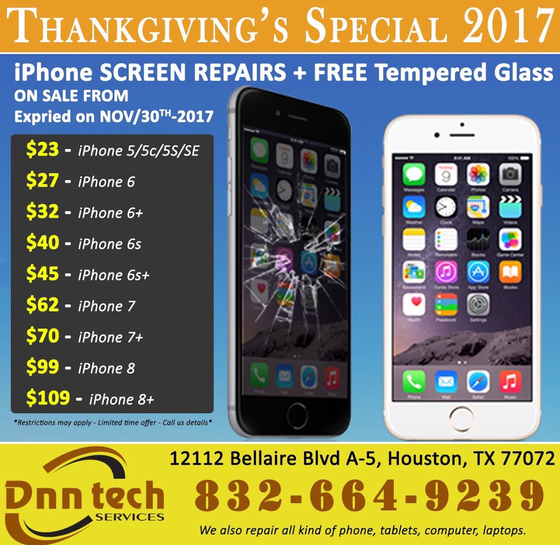 DnnTech's tweet image. Please show us this post to receive Thanksgiving’s Special.
#iphonescreenrepair #phonerepair