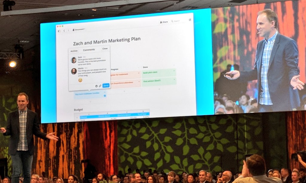 Docusign's tweet photo. "These are live records updated all on one page." @btaylor on the powerful @quip platform. #DF17 #DSFrontRow https://t.co/nhiP5cVJeE https://t.co/ZfhoLKlcam