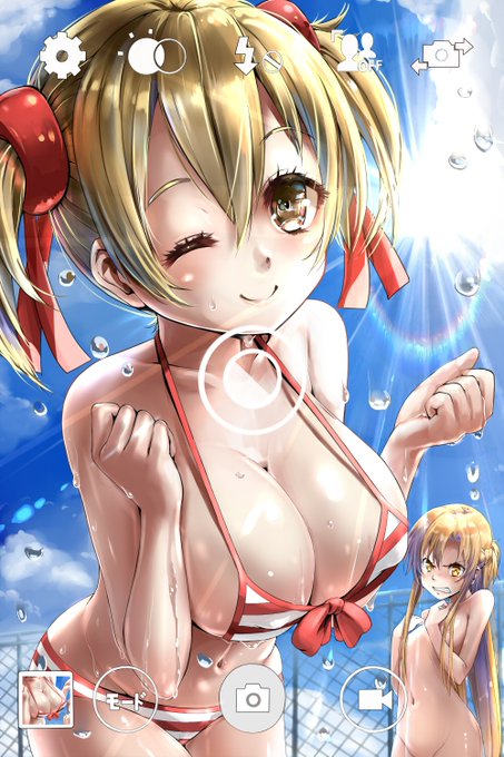 お題箱よりSAOシリカちゃんが巨乳になりでアスナさんの水着奪った(乳ごと)絵です 