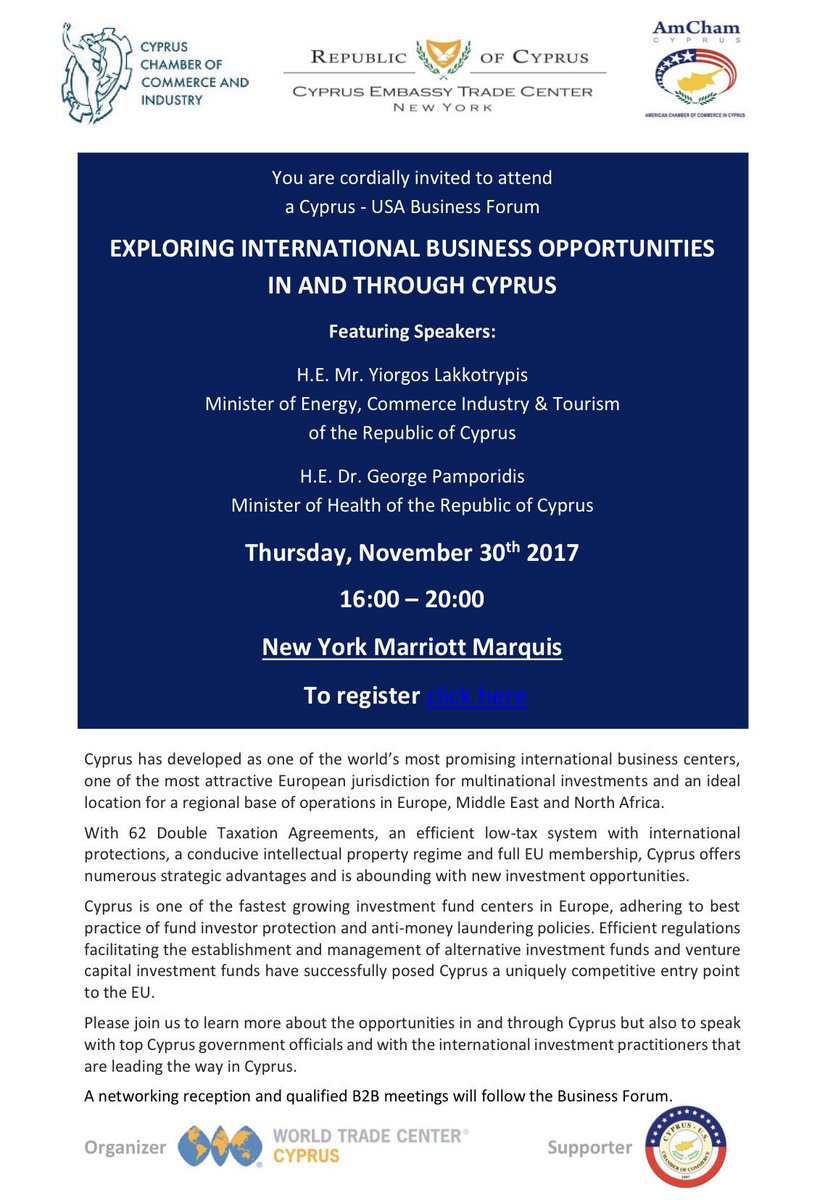 CyprusTradeNY's tweet photo. @CyprusTradeNY, @kebenews &amp; American Chamber of Commerce in Cyprus is pleased to announce a #Cyprus - #USA Business Forum "Exploring International Business Opportunities in and through Cyprus" with CY Ministers @GLakkotrypis &amp; @GPamboridis. More info: https://t.co/m6EMs12xD8 https://t.co/jp7AD4jom6