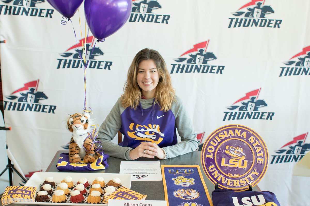SJAThunder's tweet photo. Today was our Fall athletic signing! Please join us in congratulating Allison (@LSU) and Blake (@GWtweets)! #benotafraid https://t.co/8yVUkROTFd