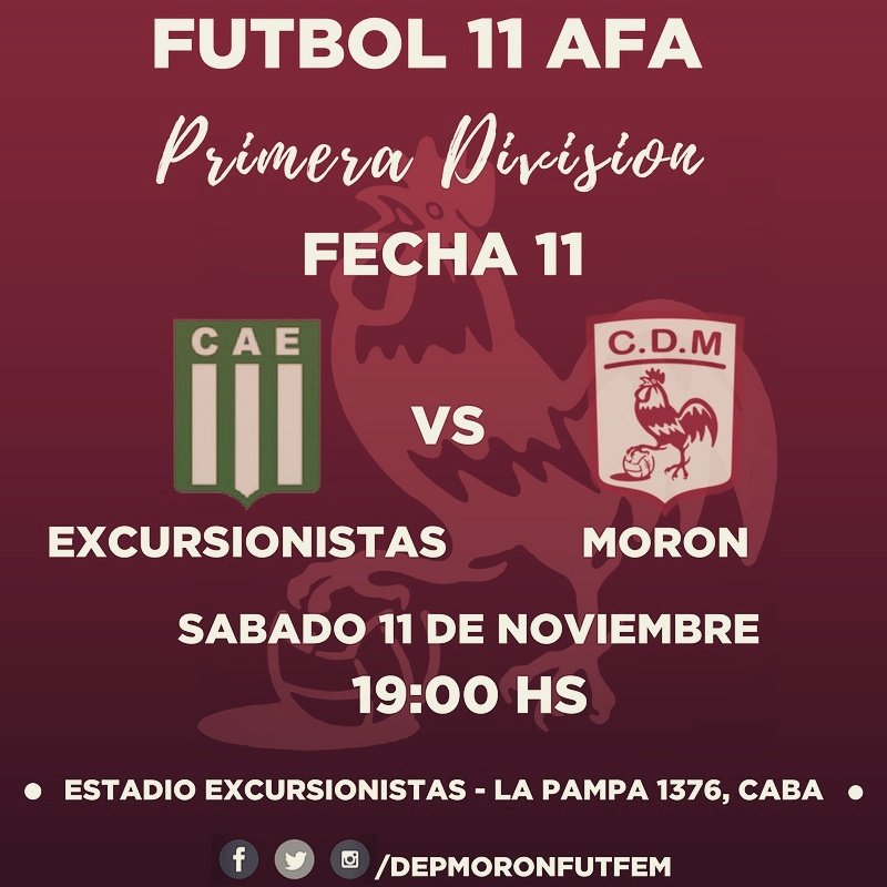 DepMoronFutFem's tweet photo. .
⚽️ #Futbol11
📌 Fecha 11
🐔 vs Excursionistas
🏟 La Pampa 1376
📆 Sabado 11/11
🕞 19:00
📣 #VamosGallitas! https://t.co/UUcRAKpNrg