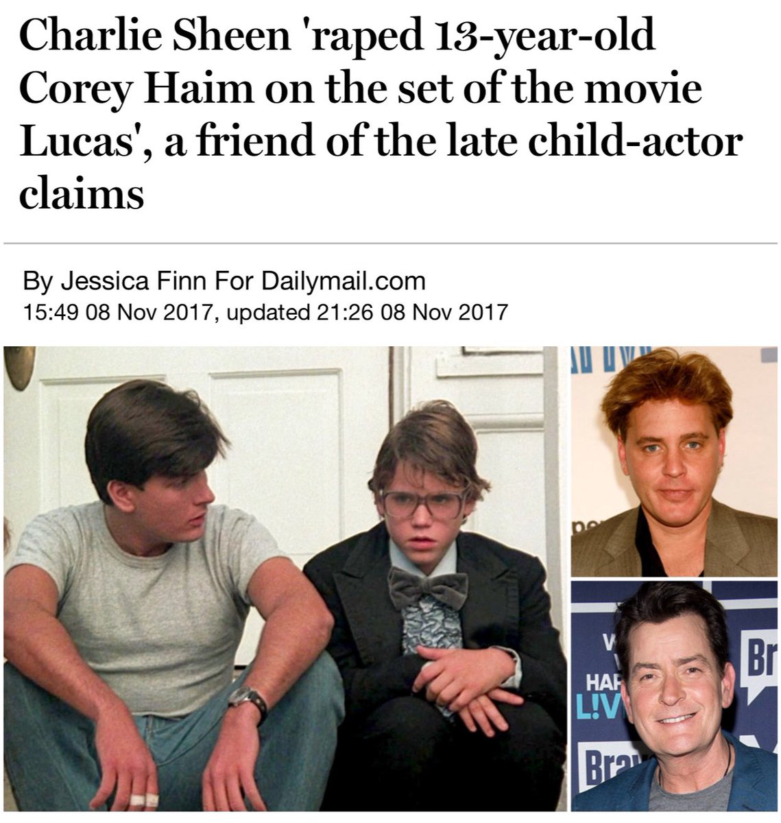 Sources Say Charlie Sheen Sodomized Corey Haim At 13 On The Lucas Set.  Hollywood Is Full Of Pedophiles, Rapists And Sexual Predators. And # CharlieSheen Is At A Level Beyond All Of Them, image size:1139x1200