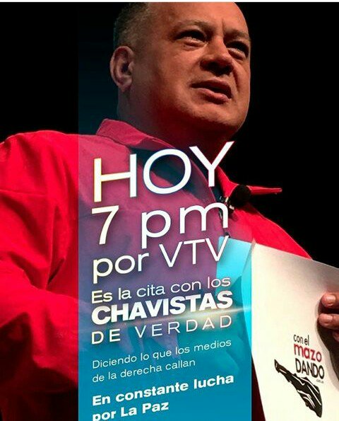 Vamos todos desde ya a sintonizar a nuestro camarada <a href="/dcabellor/">Diosdado Cabello R</a> con su programa <a href="/ConElMazoDando/">Con el Mazo Dando</a> y activarnos con la etiqueta #UnidosYLealesAChavez