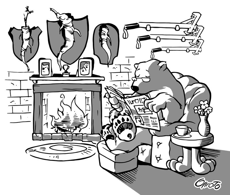 Garrett Omoto cartoon featuring Paul R. Bear relaxing after a day of root hunting with his Pullerbears. #treepuller #invasiveweeds