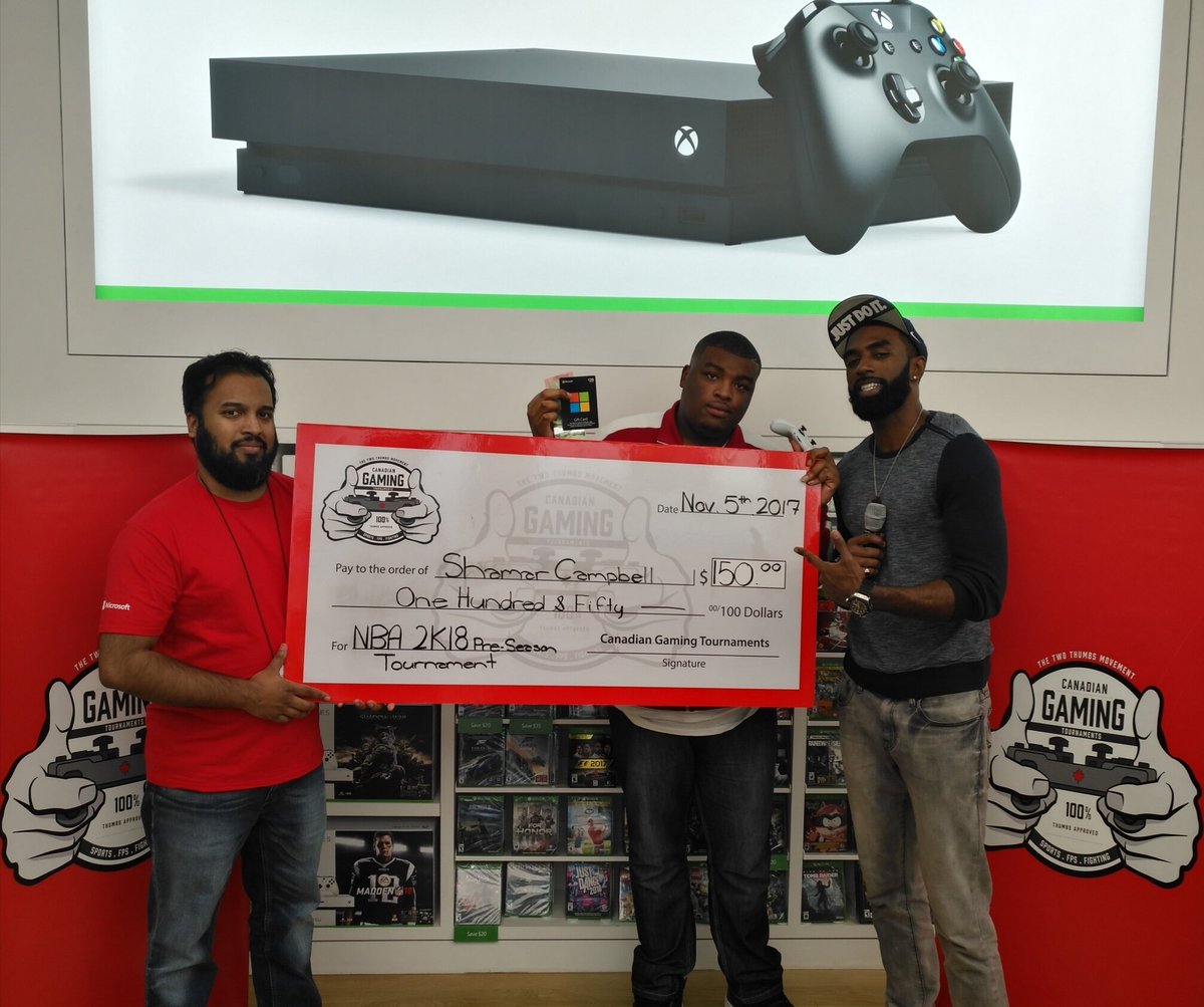 CanGamingTO's tweet photo. Congrats to Shamar Campbell our NBA 2K18 PRE-SEASON TOURNAMENT WINNER! A special congrats to our runner-up for keeping us on the edge of our chairs! &amp; A special thanks to our guest host from @VideoGameTox  @cftoeatoncentre @MicrosoftStore 
@CanGamingTO https://t.co/h328KN2pcS