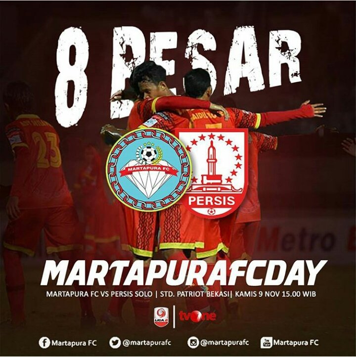 #Liga2Indonesia
#GroupX
#8Besar

Martapura FC vs Persis Solo | Kamis, 09-11-17 | K.O 15.OO WIB | Std. Patriot, Bekasi | Live TV One.