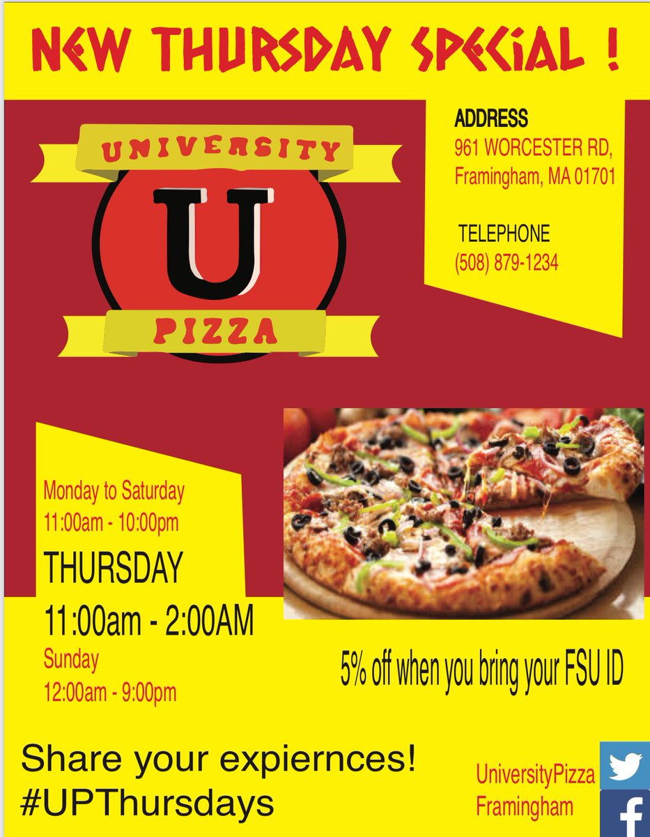 UniversityPizz's tweet photo. Who’s ready for #UPThursdays Framingham we are proud to introduce to you new hours on thursdays along with a new student discount ! https://t.co/QTYUsEE5ri
