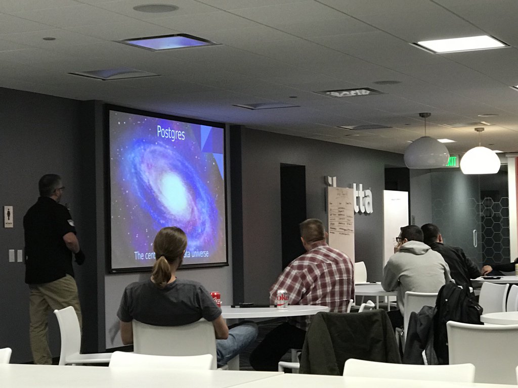 fullstackmeetup's tweet image. . @linuxhiker giving us a view of Postgres as the center of our data universe.