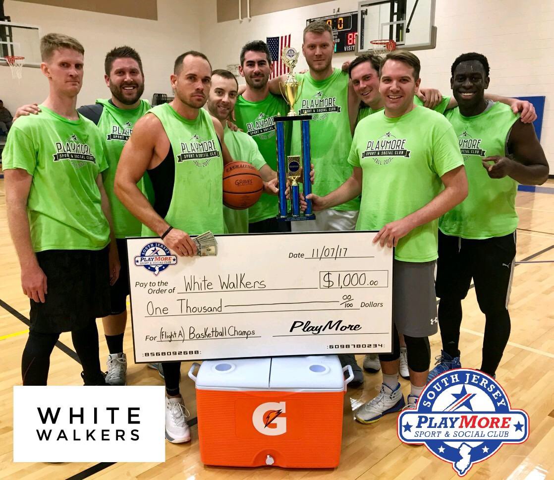 PlayMoreNJ's tweet photo. Congratulations to White Walkers for winning the Championship and $1,000 for our {Flight A} Men’s Basketball League! #GloryDays #PlayMore #MyPlayMore #SportsForAdults #AdultSports #RecSports https://t.co/5rXwy5Pdf0