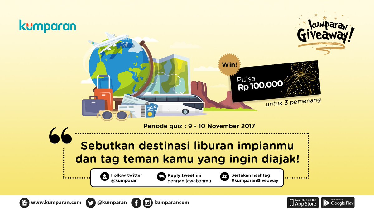 kumparan's tweet photo. QUIZ TIME! Follow @kumparan, reply tweet ini dengan jawabanmu, sertakan #kumparanGiveaway, dan dapatkan pulsa Rp 100 ribu @ 3 pemenang! 🙌 https://t.co/LTsxcgRZl5