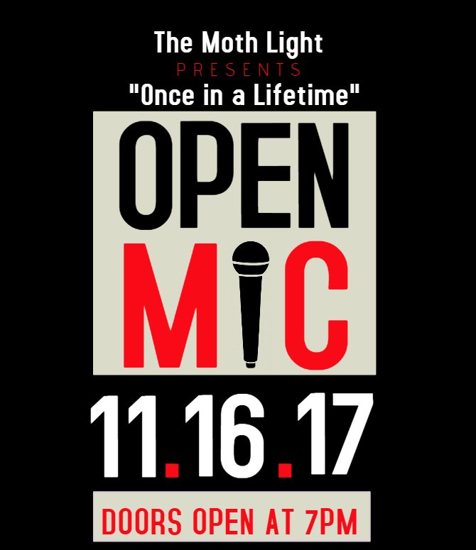 CampbellENGL's tweet photo. The Moth Light, sponsored by the English Department, is hosting an Open-Mic night on Thursday, November 16th at 7pm in The Oasis! https://t.co/z1uxTeaKaZ
