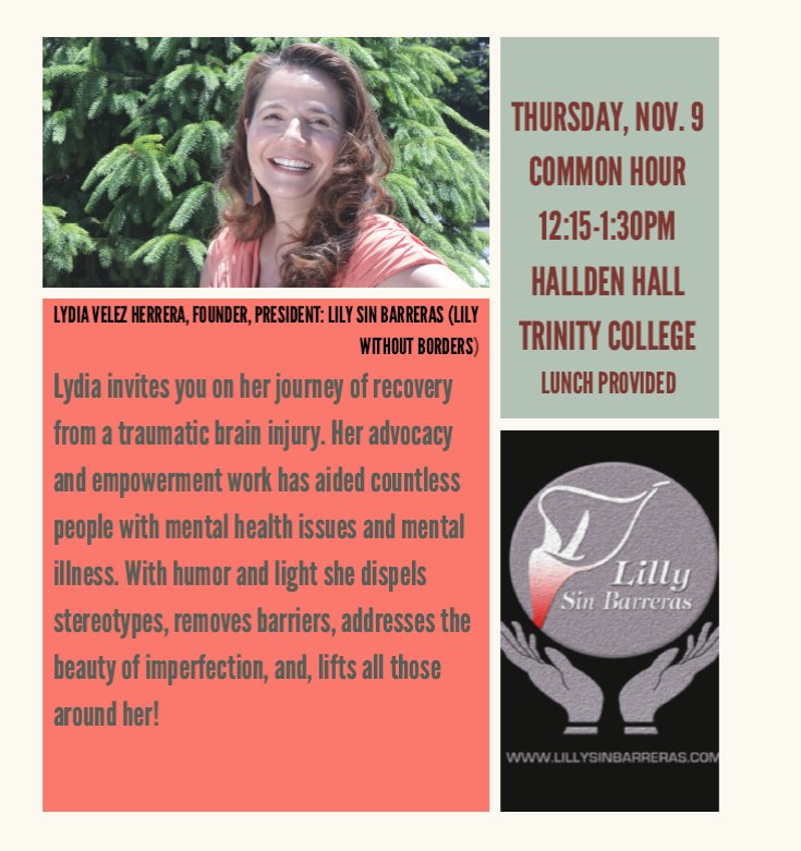 Stop by Hallden Hall during common hour (12:15-1:15) for lunch and an interesting discussion on one woman's experience with a brain injury and how this led to her advocacy for people with mental illnesses!