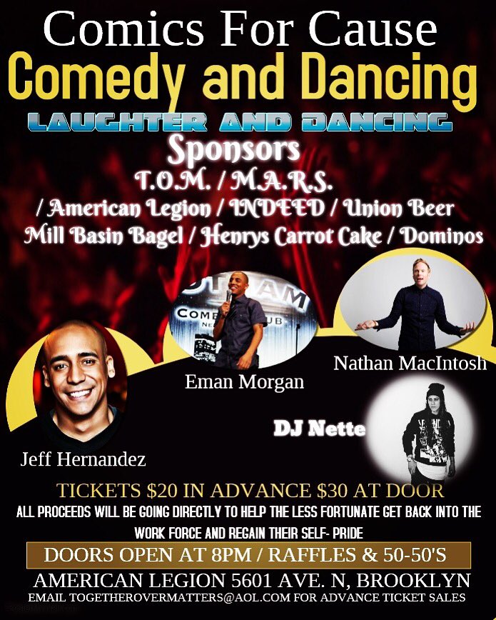 emanmorgan's tweet photo. Super excited to be part of this cool event! Friday November 17th @ 8pm #AmericanLegion 5601 Avenue N. Brooklyn. Great cause, food, killer line up with #JeffHernandez @nathanmacintosh & Me! RSVP your tickets. #ComicsForCause https://t.co/f6Frh9fj3k