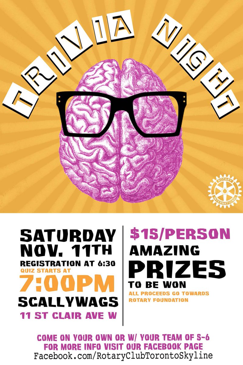 RotaryTOSkyline's tweet photo. No plans for the weekend yet? Come join our Trivia Night this Saturday at @scallywagsbar more info: https://t.co/q6LSjbCjTO #torontoevent https://t.co/KUKWSzfAQi