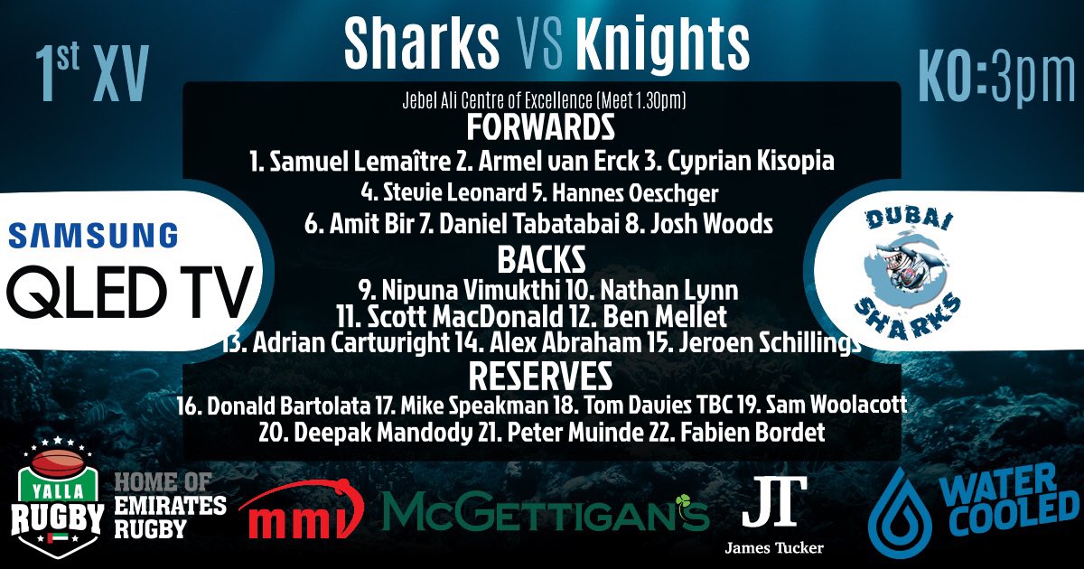 DubaiSharksRFC's tweet photo. Team sheet is out for the big clash! #proud2beashark #dubaisharksrfc #herewegosharks #arabianknightsrfc https://t.co/0Mk3hHYp8V