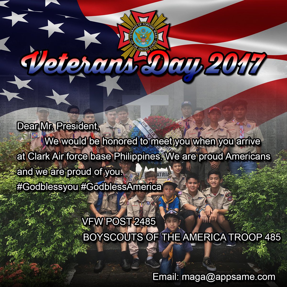AppSame's tweet photo. We need your help our Vets the VFW 2485 and the Boy Scouts of America Troop 485 would love to meet the President @realDonaldTrump When he arrives in the Philippines please help us make this happen
@CLewandowski_  @AviBerkow @CaliforniaPanda @haferre45 @KellyannePolls https://t.co/gzUNXnRiQq
