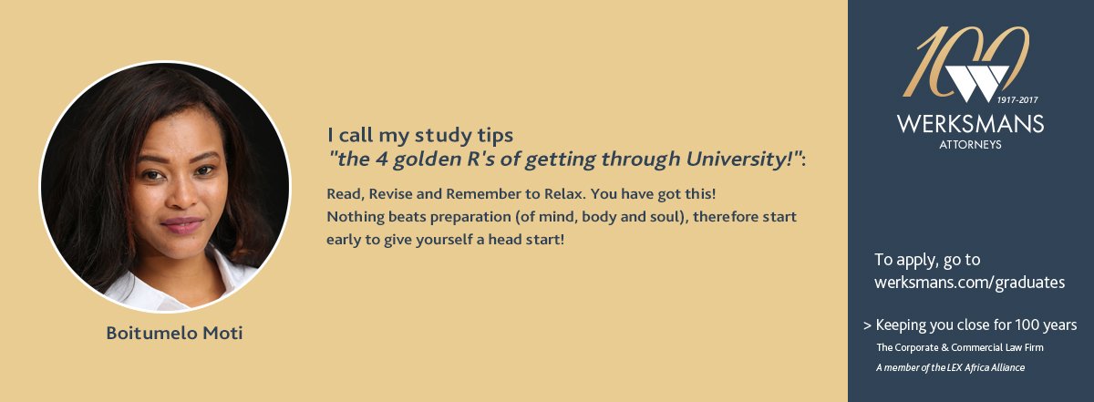 WerksmansGrads's tweet photo. Our final installment of our #examsurvivaltips. We hope you found them useful! #werksmans100 https://t.co/1ltxlHpe28