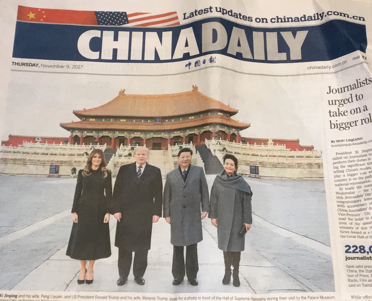 China Daily-Beijing, China. <a href="/POTUS/">President Donald J. Trump</a>, <a href="/FLOTUS/">First Lady Melania Trump</a>, President Xi Jinping &amp; Madame Peng Liyuan in front of the Hall of Supreme Harmony. #POTUSinAsia