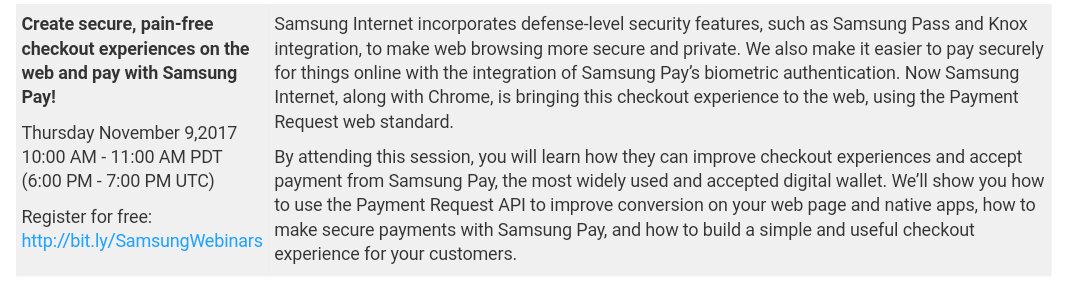 maheshkk's tweet photo. Interested in building a seamless web checkout experience and integrating Samsung Pay on your web page?
I will be live in @samsung_dev webinar tomorrow, 9th Nov @ 10am PST. https://t.co/HSgahYWSiy
@samsunginternet @SamsungPayUS #WebPayment https://t.co/TdFUmIFYHw