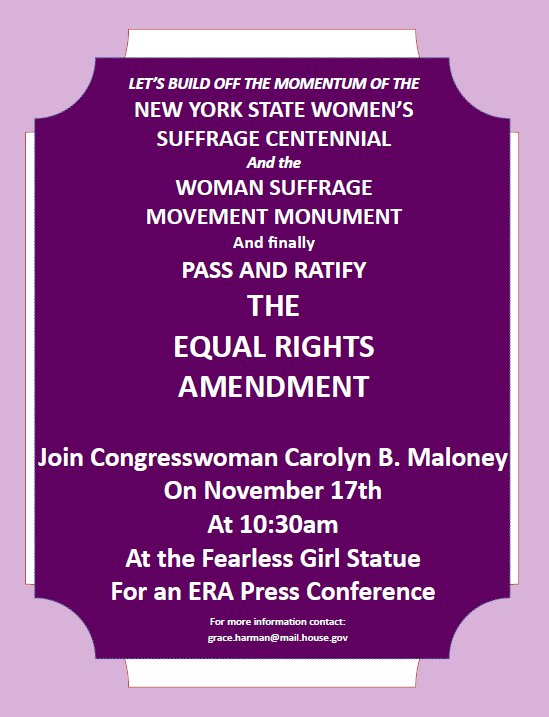 MonumentalWomen's tweet photo. @MonumentalWomen  will join our friend @RepMaloney on November 17th to support the Equal Rights Amendment.  Thanks Carolyn for leading the fight to pass the ERA. https://t.co/t7qSB4lXrb