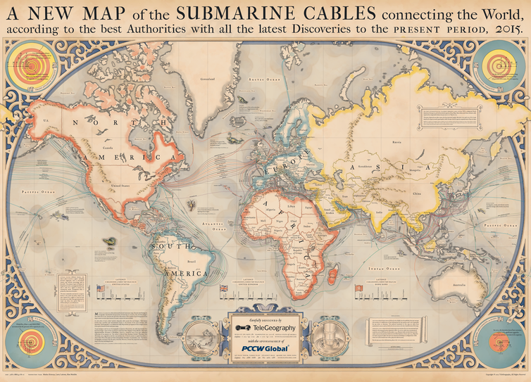 #Map shows physical #infrastructure of the internet: submarine cables. Look at how loosely #Australia is connected. Source: buff.ly/2zpUmAQ