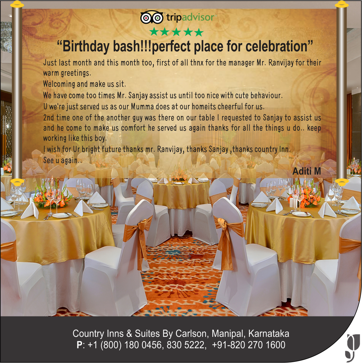 CountryinnM's tweet photo. Thank you for allowing us to be of #service to you. We at #CountryInnSuites #Manipal pleased to hear that you have had a memorable #stay and #celebration. We look forward to #welcoming you on your next visit soon. https://t.co/Zu0ZFpdWaQ