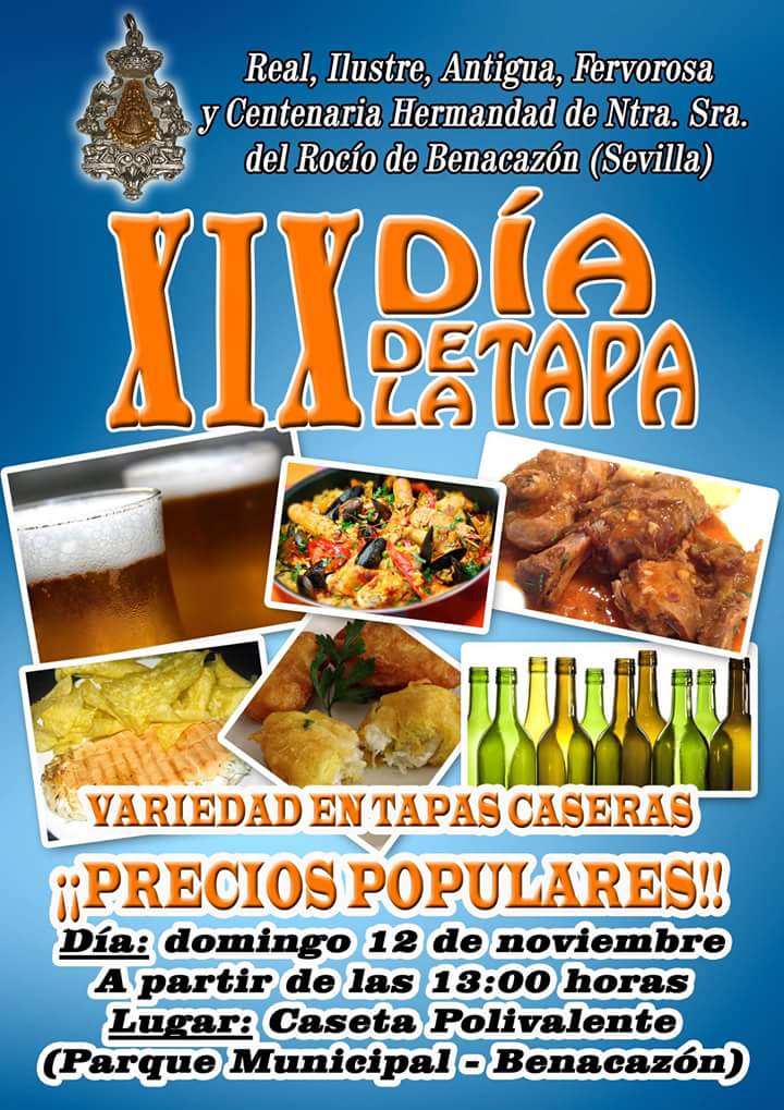 RECORDAMOS QUE EL PROXIMO DOMINGO DIA 12 SE CELEBRARÁ EL DIA DE LA TAPA DE LA HDAD DEL ROCIO. AMBIGÚ VARIADO, PRECIOS POPULARES Y ACTUACIONES. OS ESPERAMOS