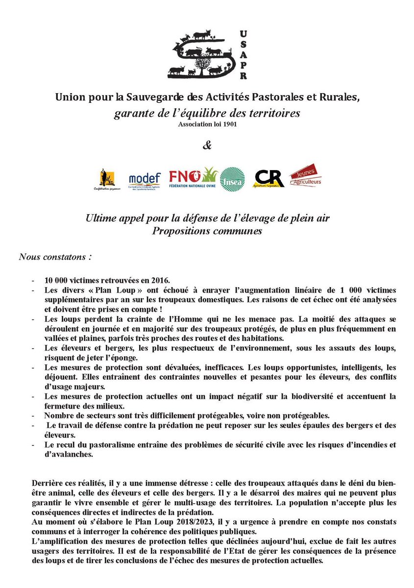 ModefNational's tweet photo. Pour le maintien du #pastoralisme, les activités économiques, le multi-usage des territoires ruraux et montagnards, la défense des troupeaux, l'enrayement de la prédation sur l'élevage. #USAPR, #Confpaysanne, #FNO, #CR et #JA. https://t.co/xgY4qnJTqW