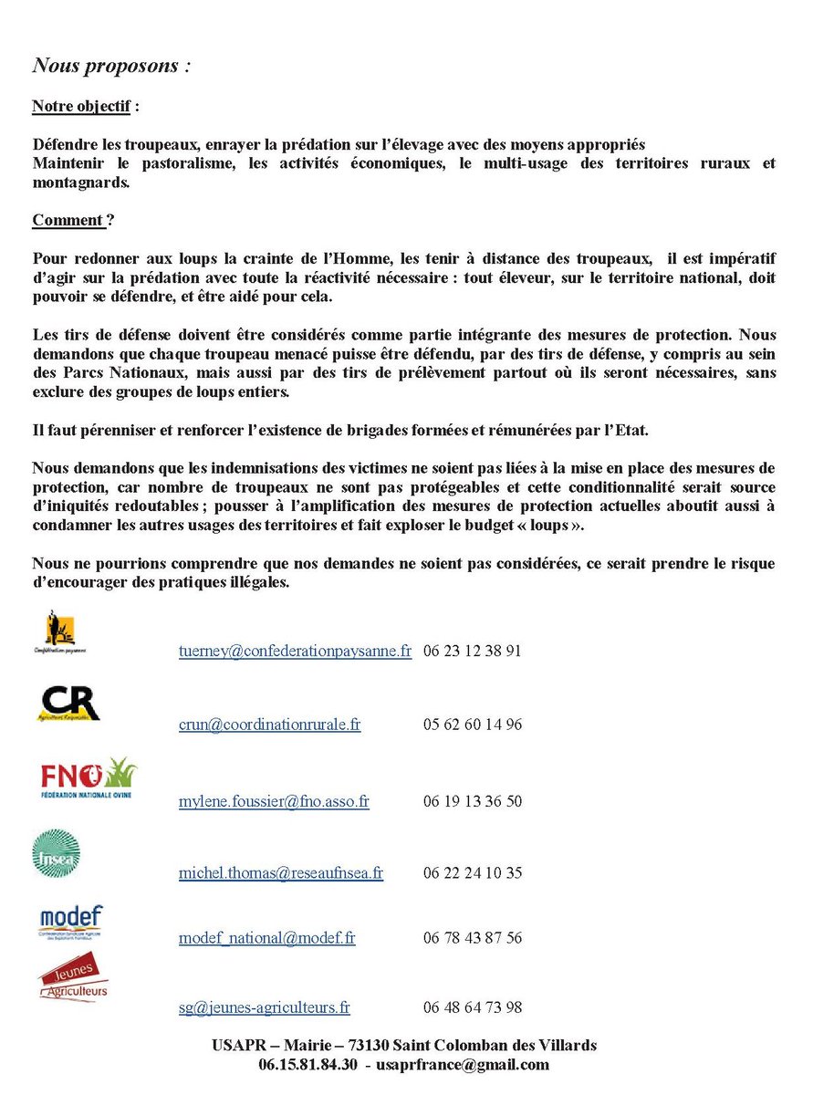 ModefNational's tweet photo. Pour le maintien du #pastoralisme, les activités économiques, le multi-usage des territoires ruraux et montagnards, la défense des troupeaux, l'enrayement de la prédation sur l'élevage. #USAPR, #Confpaysanne, #FNO, #CR et #JA. https://t.co/xgY4qnJTqW