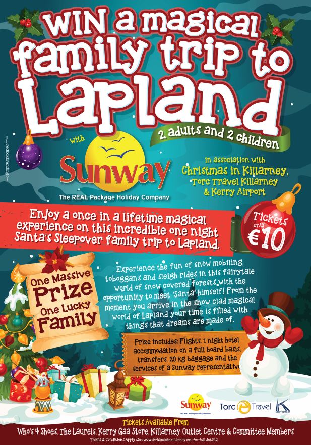 XmasInKillarney's tweet photo. We are thrilled to announce a fantastic Lapland Giveaway for 2 Adults &amp; 2 Children!! Tickets are just €10 for the draw and are available from Who's 4 Shoes, The Laurels, @KerryGAAStore1 , @KillarneyOC &amp; #xmasinkillarney Committee Members. https://t.co/cQtUASwI3M