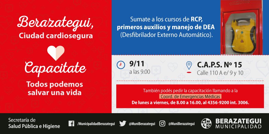 MuniBerazategui's tweet photo. [#SALUD] Ya comienza una nueva jornada de Capacitación en #RCP y manejo de #DEA en el #CAPS15. Vení a este curso gratuito y abierto a la comunidad. Vos también podés salvar una vida! #BerazateguiCiudadCardioSegura https://t.co/lX0UmNvBBd