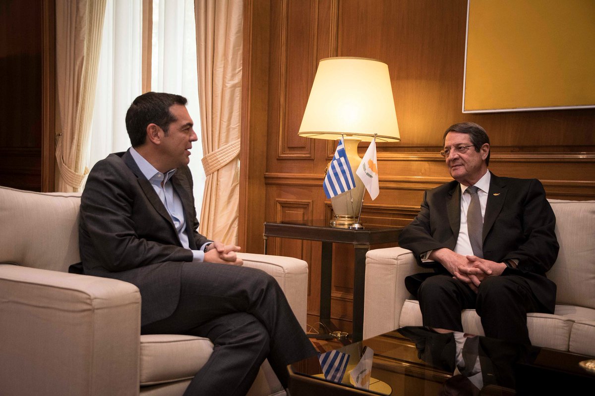 PrimeministerGR's tweet photo. Συνάντηση με τον Πρόεδρο της Κύπρου Ν. Αναστασιάδη. Oι σχέσεις του ελληνικού κόσμου με τον αραβικό μπορούν να παίξουν σημαντικό ρόλο στην οικονομική συνανάπτυξη. Παραμένουμε προσανατολισμένοι στη θέση μας για επανέναρξη του διαλόγου με στόχο τη δίκαιη &amp; βιώσιμη λύση στο Κυπριακό. https://t.co/rHZpXsv1qC