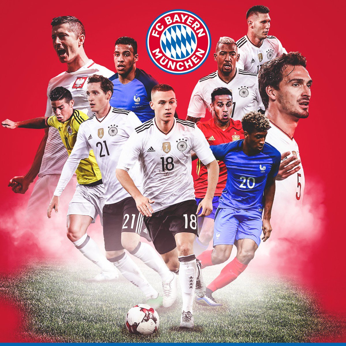 FCBayernEN's tweet photo. Good luck to the 1⃣0⃣ #FCBayern players on international duty this week!  💪 🇩🇪 🇫🇷 🇵🇱 🇪🇦 🇨🇴  #MiaSanMia #packmas https://t.co/wPfFDYISu2