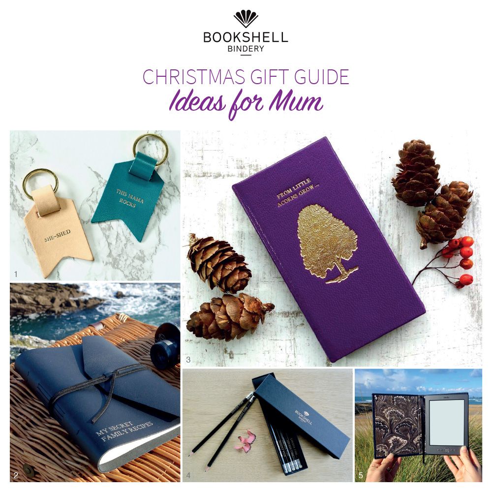 1) Mum keyring £12; 2) Leather journal £45; 3) Book phone case £39; 4) Personalised pencils £10; 5) Kindle case £69 buff.ly/2zd7GbY