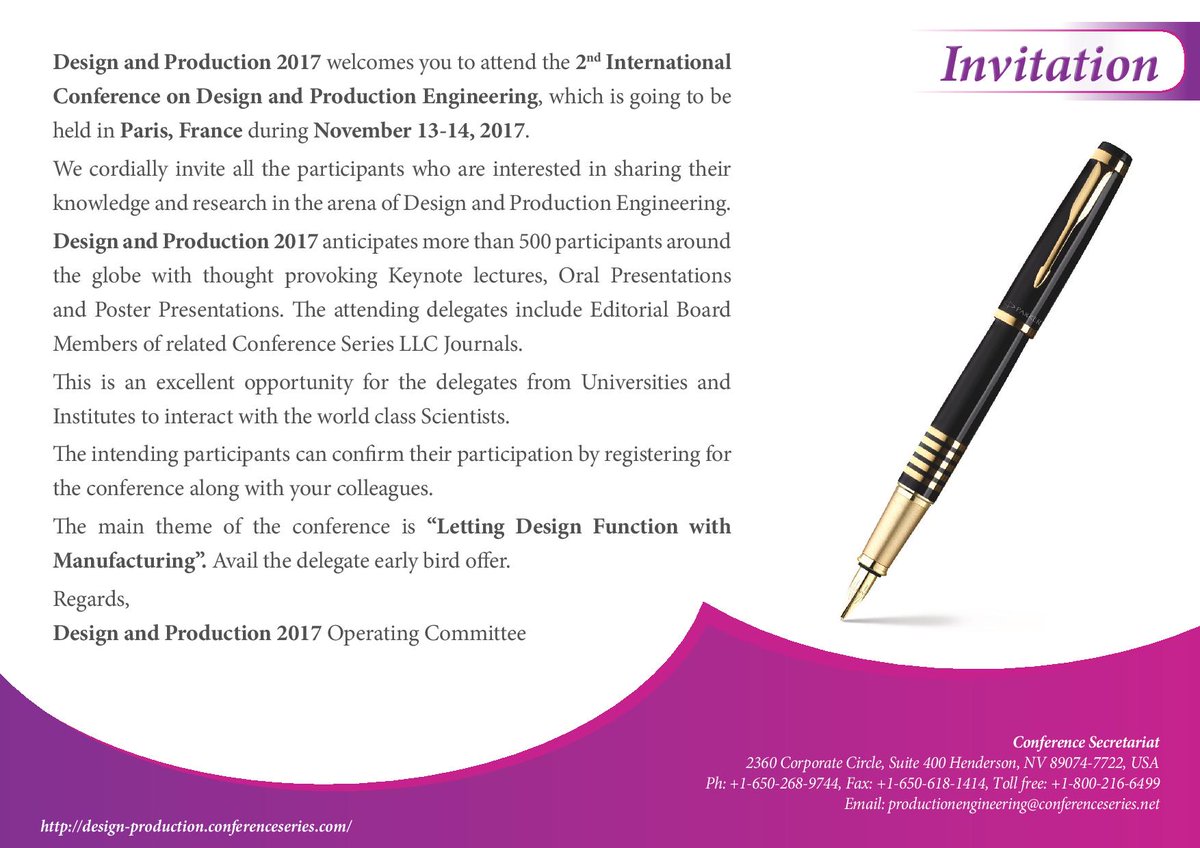 conferenceserie's tweet image. Event 2 International Conferences on #Design &amp;amp; #Production_Engineering and #Mechatronics, #Automation &amp;amp; #Smart_Materials
November 13-14, 2017 Paris, France #ThursdayThoughts 
URL: design-production.conferenceseries.com