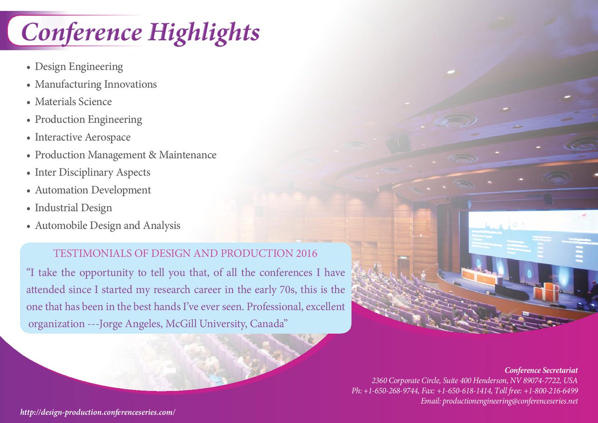 conferenceserie's tweet image. Event 2 International Conferences on #Design &amp;amp; #Production_Engineering and #Mechatronics, #Automation &amp;amp; #Smart_Materials
November 13-14, 2017 Paris, France #ThursdayThoughts 
URL: design-production.conferenceseries.com