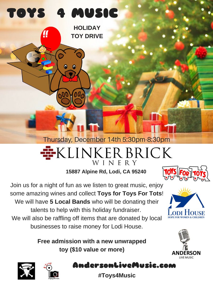 AndersonMscLive's tweet photo. #toys4Music Annual Toy Drive at @KlinkerBrick in #lodi 5 Local music acts! #ToysForTots #lodihouse charities #wine https://t.co/yHSxIrPtQO https://t.co/oIIoOEsnqx