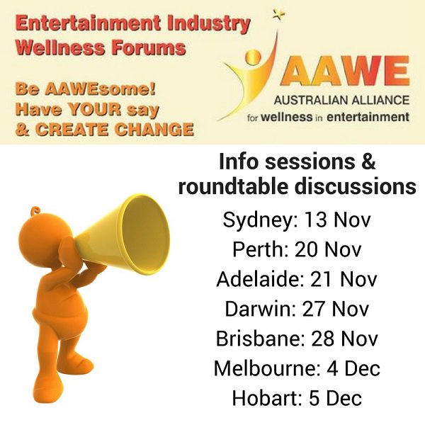 Entertainassist's tweet photo. Help shape the future of mental health and wellness in Australian entertainment industry! Join us at FREE #AAWE forums across Australia. Register now! https://t.co/283vX9xOIA Be AAWEsome - commit to wellness in entertainment. PRT. #haveheart #committowellness https://t.co/7sTbNjVodP