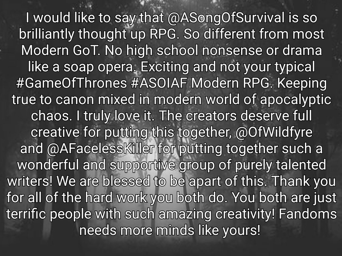 #RPPraise for <a href="/ASongOfSurvival/">Song Of Survival</a>, <a href="/OfWildfyre/">ᅠ ᅠ ᅠᅠ ᅠ ᅠ ᅠᅠ ᅠ 𝓪𝐮𝐫𝐨𝐫𝐞.</a> and @AFacelessKiller from Anon ~

#RPPositivity #SpecialShoutout