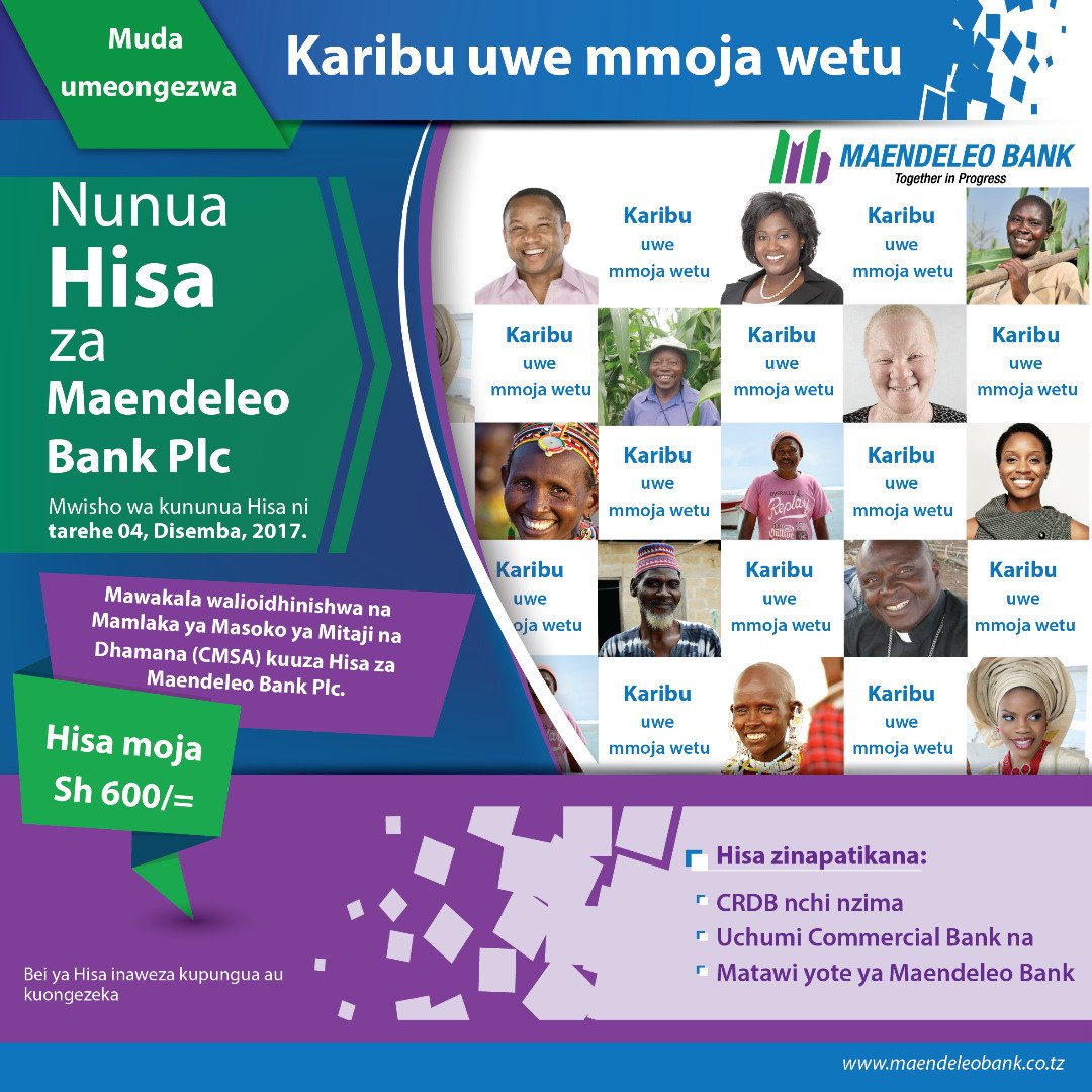 maendeleobank's tweet photo. Sasa una muda zaidi wa kujihakikishia maisha yako ya baadae kwa kununua hisa za Maendeleo Bank kwani muda wa uuzaji wa hisa umeongezwa hadi tarehe 4 Disemba 2017.

Muone mshauri wako wa kifedha kupata ufafanuzi zaidi ili uwekeze sasa. https://t.co/kXA5JDqLUI