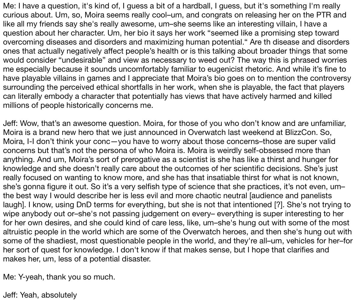 An audio transcription of a question and answer about Moira from Overwatch. The full transcription of the question and answer can be found here: https://pastebin.com/raw/3KTQ72Yk