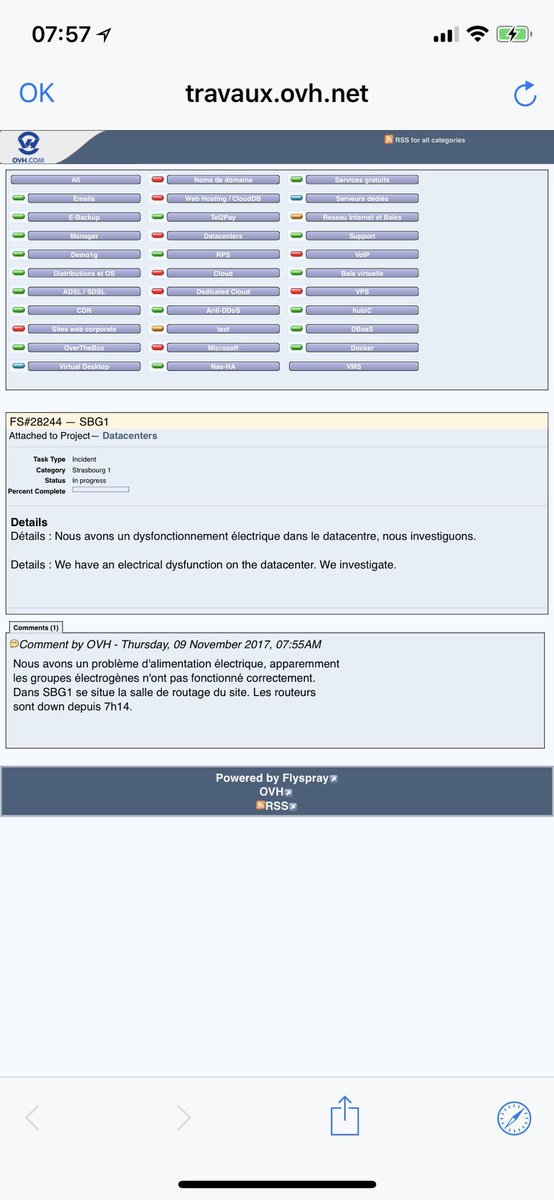 Black-out électrique actuellement en cours chez #OVH. Un très grand nombre de sites français sont impactés. Nous sommes impuissants et attendons un retour à la normale.